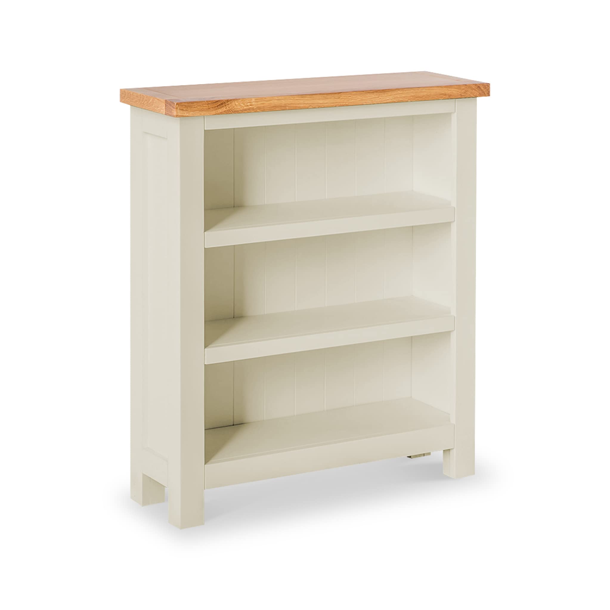 Farrow Cream Small Living Room Bookcase for Small Spaces | Roseland Furniture Contemporary Low Painted Pine Solid Wooden Childrens Bookshelf with 3 Shelves with Oak Top for Bedroom or Hallway