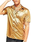 WDIRARA Men's Metallic Mesh V Neck Short Sleeve Sheer Top Golf Polo Shirts Partywear Gold Plain S