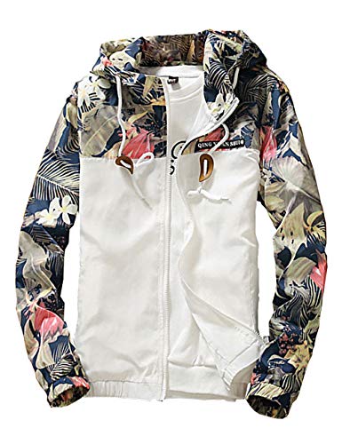 Rexcyril Men's Windbreaker Jacket, Floral Bomber Jacket Hooded Lightweight Zip-Up Drawstring Flower Coat White Medium #TOP26