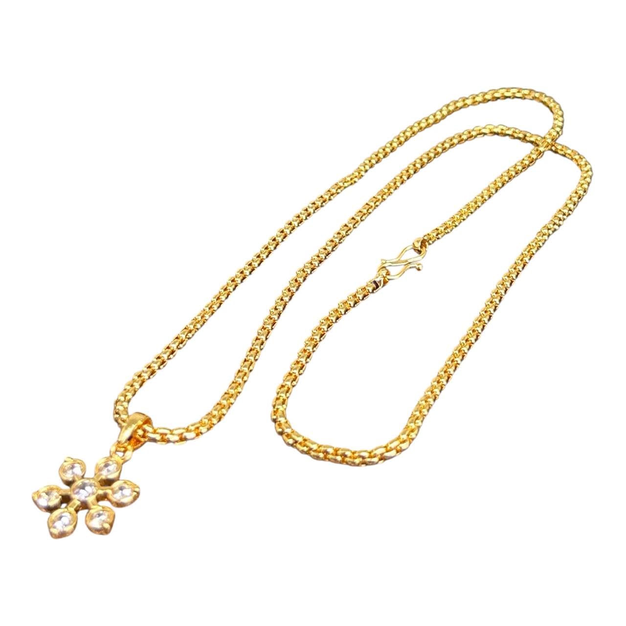 Traditional Regular Wear Impon/Panchaloha/Five Metals White Stone Star/Flower Pendant with 1 Gram gold-plated 24 inches Rolo Link Chain for Women & Girls (P445)