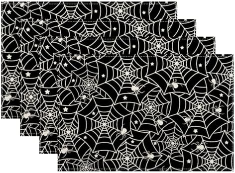 Halloween Placemats Set of 4 Black Spider Web Stars Decor Place Mats 12x18 Inch Fall Autumn Holiday Decorative Linen Table Mats for Home Kitchen Dining Party Table Decoration