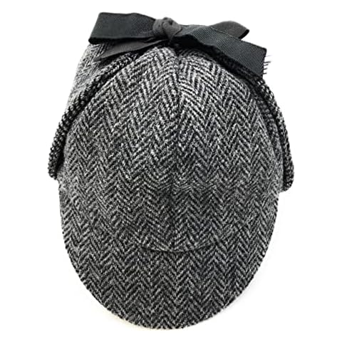 Clans Of Scotland - Deerstalker Hat - Scottish Traditional - Sherlock - Harris Tweed - Two Peaks and Ear Flaps - Autumn Spring Winter Charcoal Herringbone - Single Piece (Medium) Cover