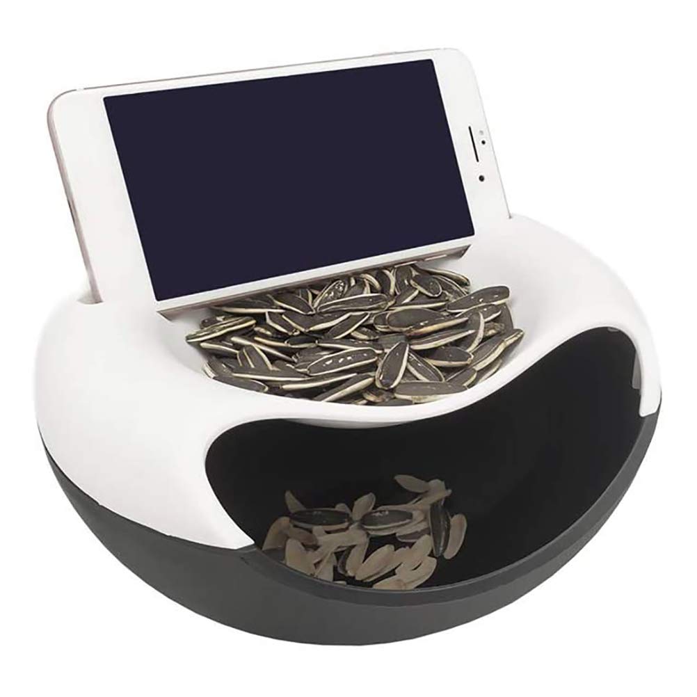 Double Dish Snack Bowl,Pistachio Bowl Fruit Plate with Mobile Phone Holder for Nuts Olives Cherries Pears Sunflower Seeds (Black and White)
