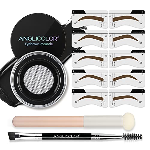 Anglicolor 3 Colores Pomada para cejas y Stencil kit Gel para cejas y stencil kit, Pomada de cejas, cepillo de cejas de doble punta y aplicador de esponja (06 Jet Black Set)