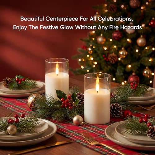 Image of Amagic 3 inchx5 inch Clear Glass Flameless Candles Battery Operated with Timer, Remote Control, LED Pillar Candles, Battery Powered, Valentine's Day Decor, Pure White Wax, Set of 2