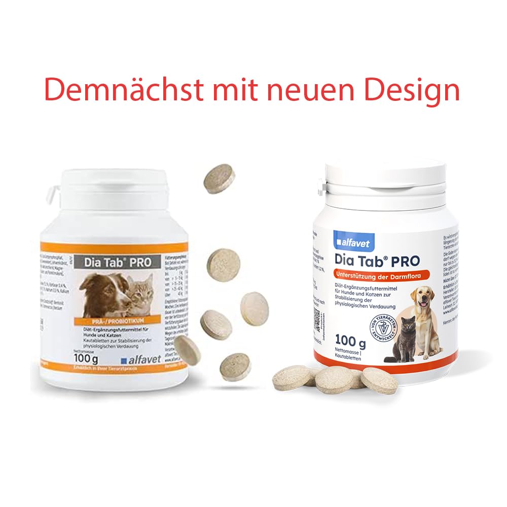 Alfavet Dia Tab Pro - boîte de 2 x 100 g - complément Alimentaire diététique pour Chiens et Chats - prébiotique probiotique - Environ 100 comprimés à mâcher