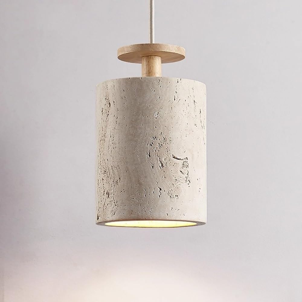 COSRUB Japanese Travertine Hanging Light Fixture, Cylinder Stone Chandelier with Wooden Accent Nordic Farmhouse Small Pendant Lamp for Bedside Kitchen Island