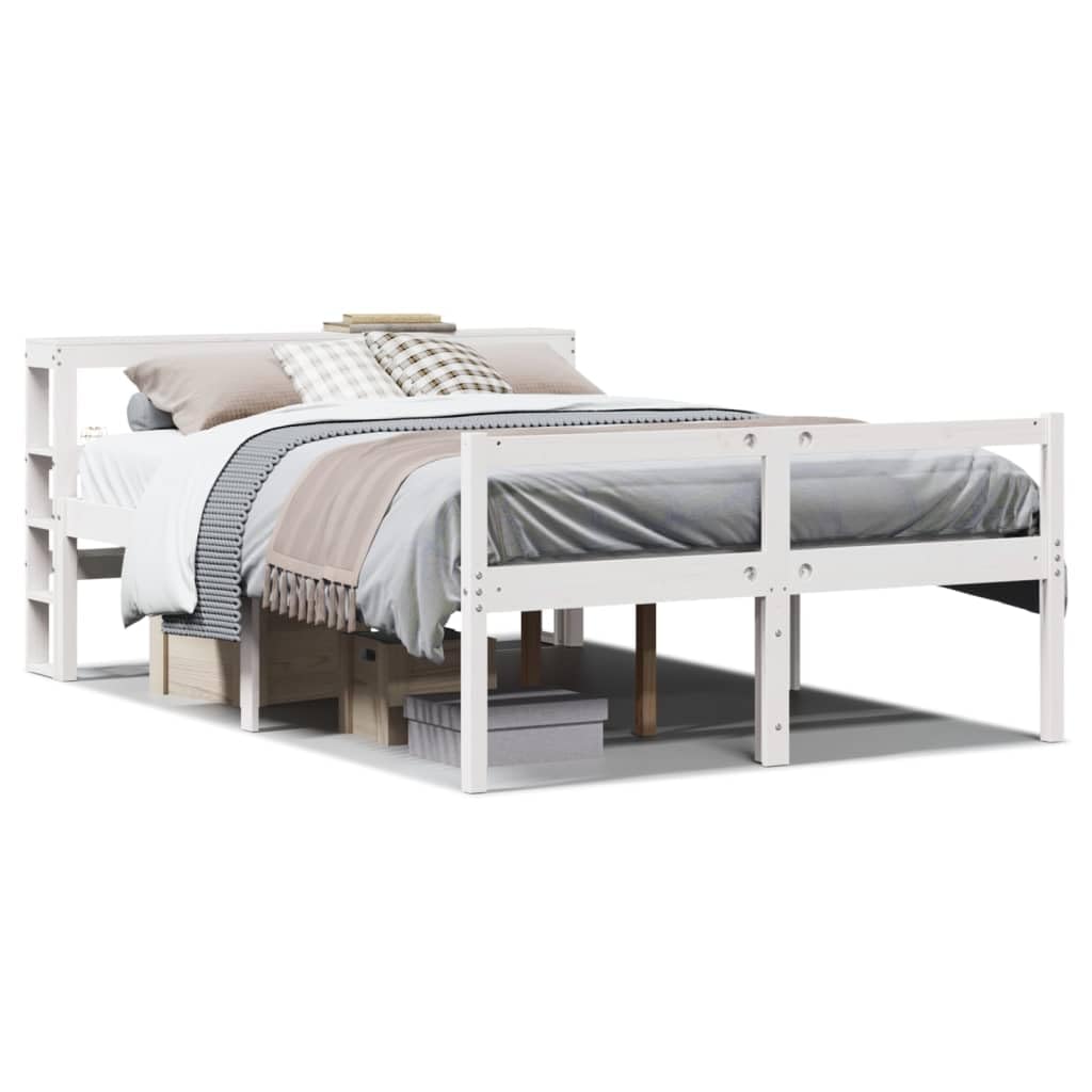 Massives Kiefernholz Seniorengerecht 44cm Einstiegshöhe Weiß 120x200 cm | Seniorenbett mit Kopfteil ohne Matratze Weiß 120x200 cm Massivholz Kiefer Bettgestell mit Stauraum