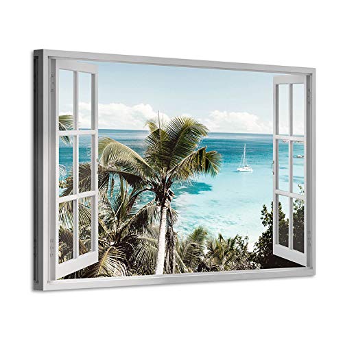 Beach Window Canvas Wall Art: Open Window Tropical Palm Trees & Boat in Blue Ocean Prints Artwork for Office (36'' x 24'' x 1 Panel)