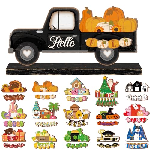 34 Pcs Small Interchangeable Truck Decor Holiday Seasonal Sign Fall Halloween Tier Tray Decoration Farmhouse Rustic Wooden Home Office Welcome Ornament Gift