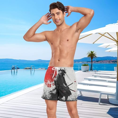Mens Swim Trunks with Liner, Samurai Moon Red Retro Cool Quick Dry Beach Swim Shorts, Swimwear Bathing Suits S4