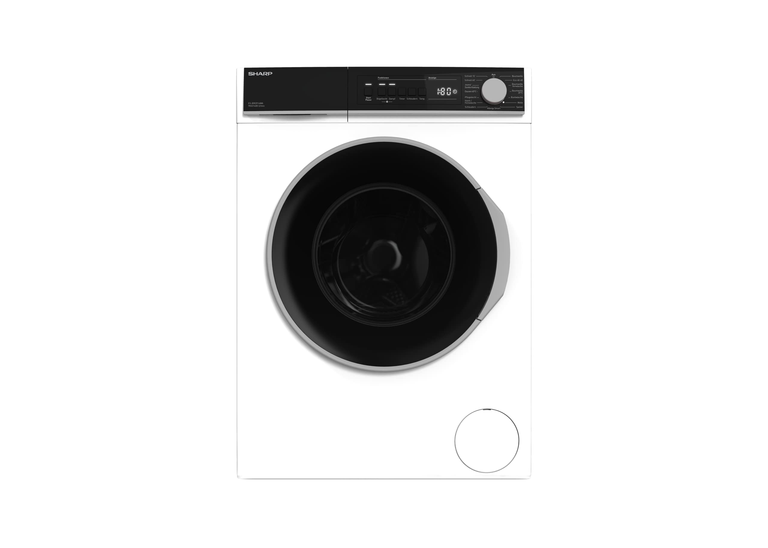 Sharp ES-BRO014WA-DE Waschmaschine Frontlader / 10 kg / 1400 U/min/Adanced Inverter Motor / 15 Programme inkl. 15 min Kurzprogramm und Dampffunktion/AquaStop/Weiß