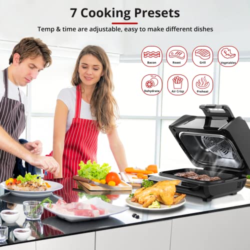 7-in-1 Indoor Grill Combo with See-Through Window and Silicon Tongs, Smokeless Electric Air Fryer up to 450°F, 1750W Contact Grill with Non-Stick Removable Plates, Even Heat, Black, 4Qt