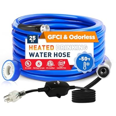 XPORTION 25FT(10-50FT) Heated Drinking Water Hose, -50°F-46°C Heated Water Hose for RV with Leakage Protection for 5/8" Inner, Self-Regulating Hose Water Heater with 3/4" NH Fittings for RV & Garden