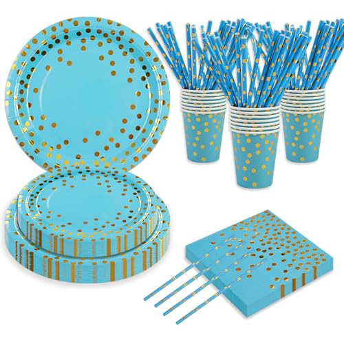 80Stück Geburtstag Party Geschirr Set, Blau Gold Punkt Dekorationen...