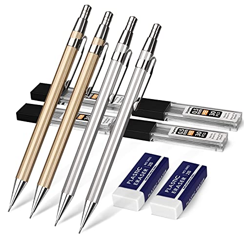 Joyberg 4 Pack Metal Mechanical Pencil 0.5mm, 0.7mm, Lead Pencil with 30 HB Lead Refills 0.5 & 30 HB Lead Refills 0.7 & 2 Erasers, Drafting Pencil Set with Case for Artist Writing, Drawing Sketching