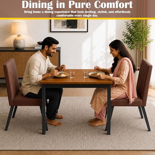 Image of Rosebell Set of 2 Dining Table Chairs with Wooden Top Table, Upholstered Cushioned Chairs, Modern Compact Dining Set for Home, Kitchen & Dining Room (Brown)
