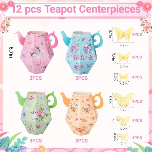 12 Pcs Tea Party Decorations, Flower Boxes Centerpiece Floral Teapot Vase Table Decor with 24 Pcs Butterflies for Birthday Baby Shower Bridal Wedding Princess Tea Party Decorations Supplies
