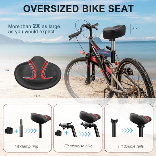 BLUEWIND New Noseless Oversized Bike Seat, Wide Bicycle Saddle Novel Backrest Design for Electric Bike, Fits Most Exercise Bike or Road Stationary Bike Seat Cushion for Men & Women (Red) - Thumbnail 5