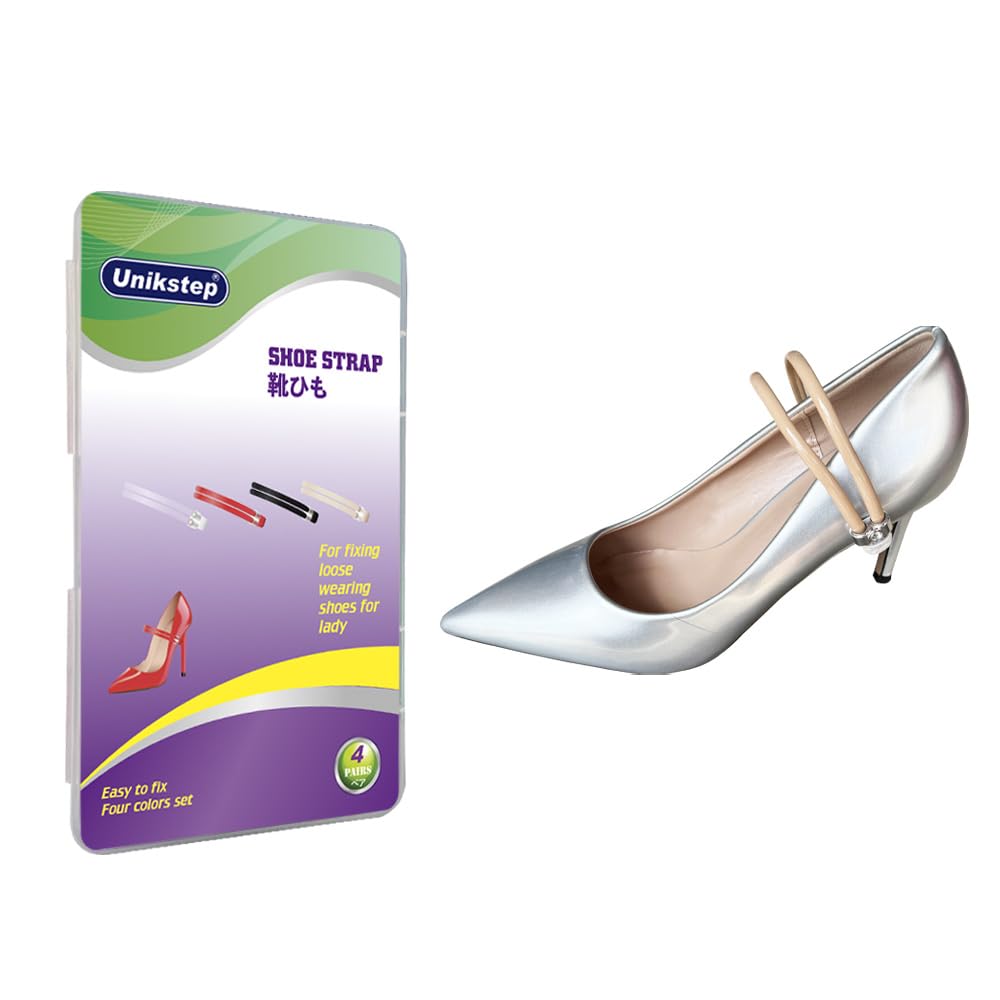 UNIKSTEP4 Pairs Shoe Elastic Strap, Shoe Bands Fasten Lace Strings for Immobilization Wearing Loose Wear High Heels, Flats, Multi Colored Pack Shoe Belts, Transparent, Black, Khaki, Red, Universal