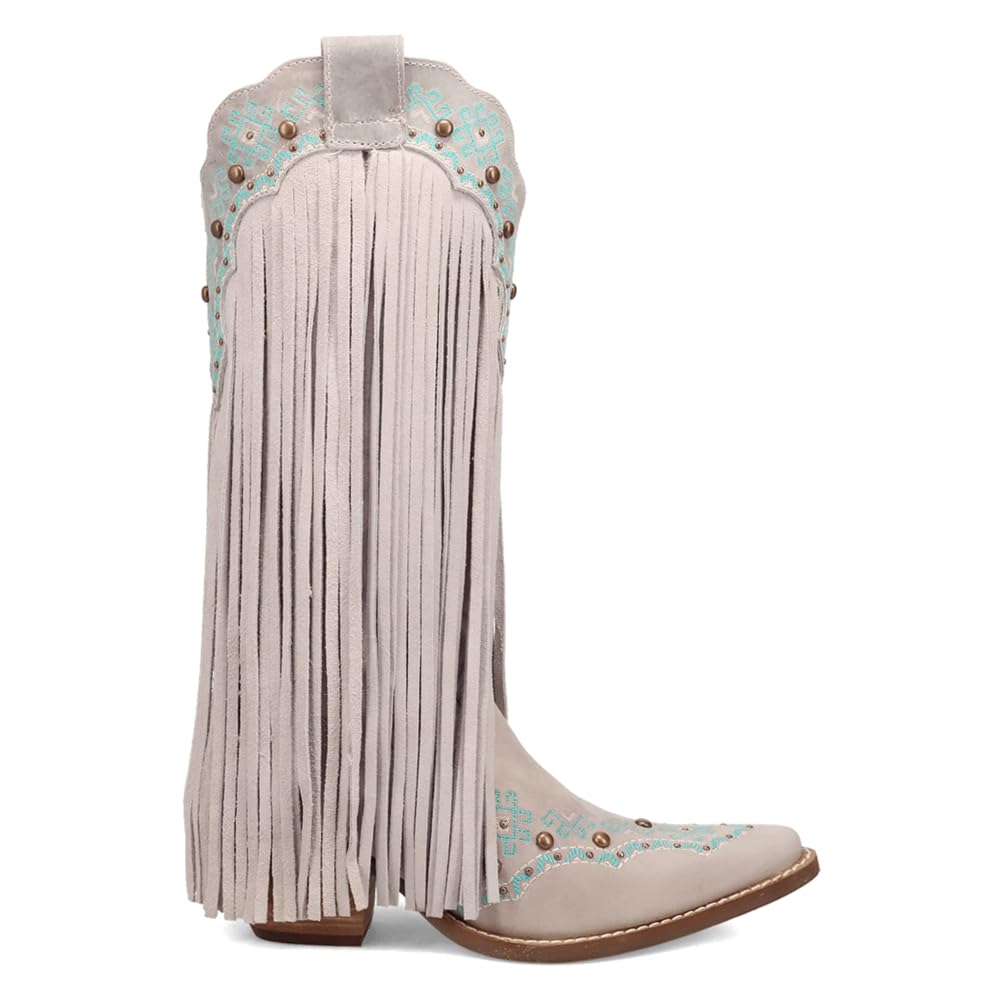 Dingo Womens Tequila Fringe Southwest Sunrise Snip Toe Casual Boots Mid Calf Mid Heel 2-3 - Off White
