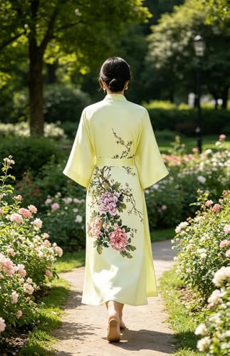 Image of Women's Classic 100% Silk Kimono Robe, Bathrobe-Printed Pattern