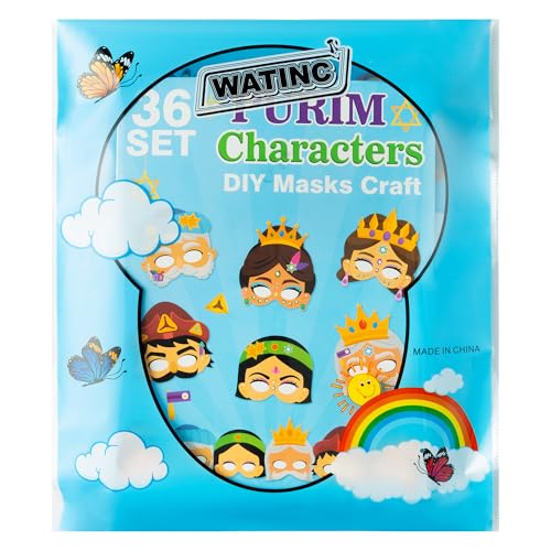 WATINC 36Pcs Purim Day DIY Mask Craft Kits, Make Your Own Holiday Purim Story Character Masks for Kids, Jewish Party Costume Gifts School Home Role Play Cosplay Activities Favors Supplies Decorations - Thumbnail 7