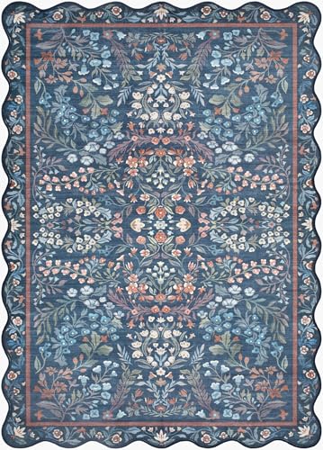Hauteloom Dervla Machine Washable Area Rug - Floral Botanical Border Scalloped Leaf...