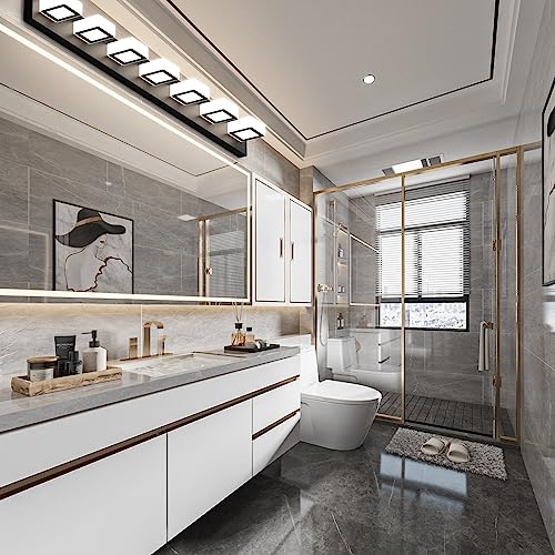 Image of Ralbay 46 inch LED Matte Black Vanity Lights 7 Lights Acrylic Metal Black Modern Vanity Lights Black Bathroom Lighting Fixtures Over Long Mirror (Natural White Light 4500K)