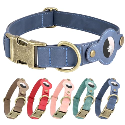 Comfluxe AirTag Dog Collar for Small Dogs Puppy - Soft Leather Dog Collar with Apple AirTag Holder and Metal Buckle - Smart Tracker GPS Apple Air Tag Pet Collars (Navy Blue, S)