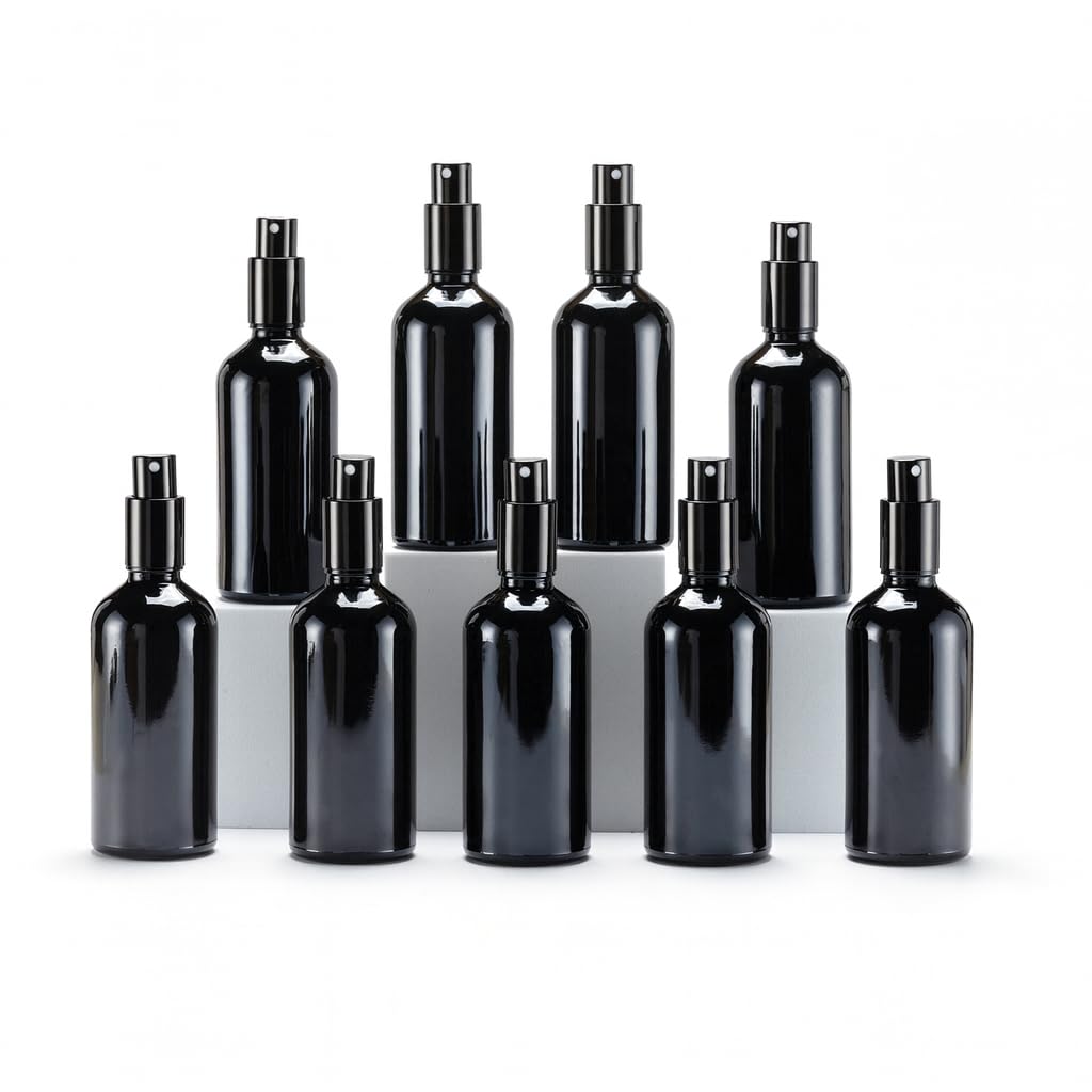 YIZHAO Black Glass Spray Bottles 4oz, with Small Fine Mist Spray, Metal Cap, Refillable for Essential Oil,Travel,Cleaning,Perfume,Aromatherapy,Makeup
