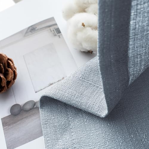 Image of Melodieux Dusty Blue Semi Sheer Curtains 84 Inches Long for Living Room, Bedroom Linen Look Farmhouse Rod Pocket Shiny Sheer Curtain Drapes Light Filtering Home Office, 52 inch W x 84 inch L, 2 Panels