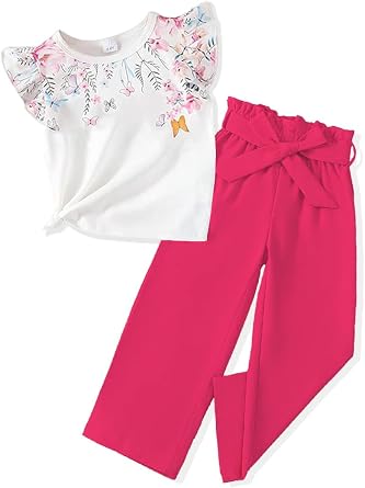 Toddler Kid Girl Clothes Casual Ruffle Sleeve Floral Printed Top Solid Pants with Belt 3PC Outfit Set