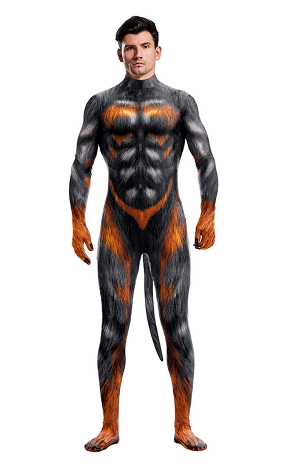 Men's Animal Bodysuit Costume with Big Tail Print Petsuit Spandex Furry Jumpsuit Cosplay Halloween Party