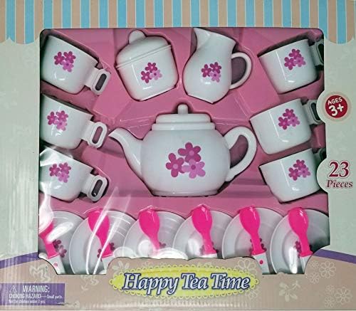 Happy Tea Time FRN-6804 Toy 23 Piece Plastic Tea Set Including Cups Saucers Spoons teapot Sugar and Cream dispensers, Pink, Purple, White