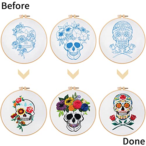 Image of Nuberlic 3 Pack Halloween Skull Embroidery Kit for Adults Beginner Cross Stitch Kits for Starters with Skull Patterns Include 3 Hoop Cloth Thread Needles and Instructions