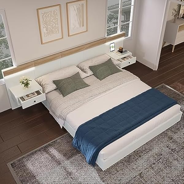 Łóżko podwójne z 2 komodami nocnymi LED i gniazdem USB C 160 x 200 cm, drewniane łóżko w zestawie 2 stoliki nocne do sypialni, kompletny zestaw 205 x 264 x 90,5 cm (głęb./szer./wys.), kolor
