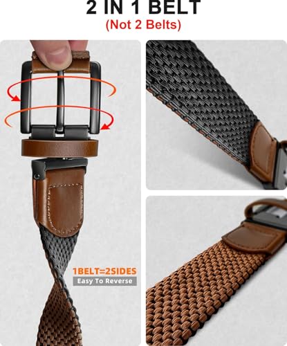 Image of Stretchable Reversible Braided Woven Fabric Belt for Men and Women, Fits on upto 36 inch waist size