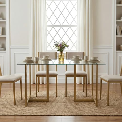 IDS Home 51 Glass Dining Table for Small Space Modern Rectangular Kitchen Table with Gold Double Pedestal Base Clear Tempered Glass Top for Apartment Kitchen Dining Room Living Room Home Office