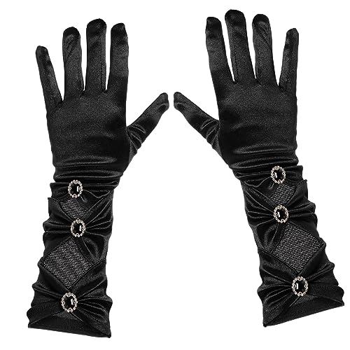 BESPORTBLE Elegant Satin Gloves with Rhinestone Bow Long Elbow Fancy Gloves for Women for Banquets Dance Parties and Costume Events