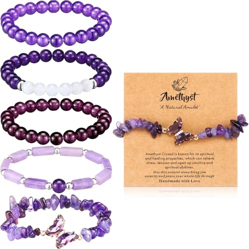 5 Pcs Amethyst Bracelets for Women Purple Healing Crystal Gemstones Beaded Bracelet Natural Butterfly Anxiety Stress Jewelry Gifts for Women Men Mom Birthday