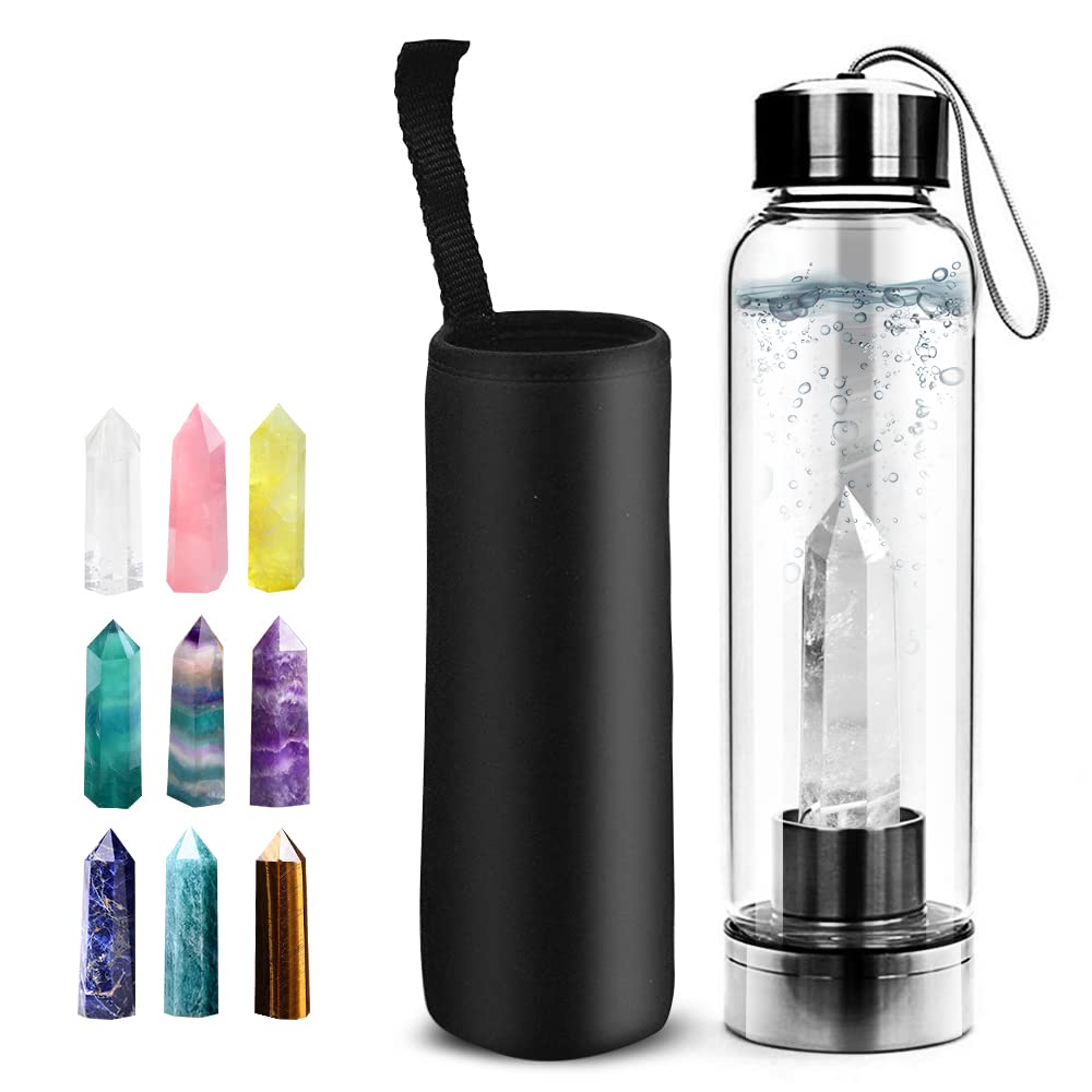 HINATAA Kristall Wasserflasche, Abnehmbare Heilende Natürliche Quarz Wasserflasche 550ml (Klarer)