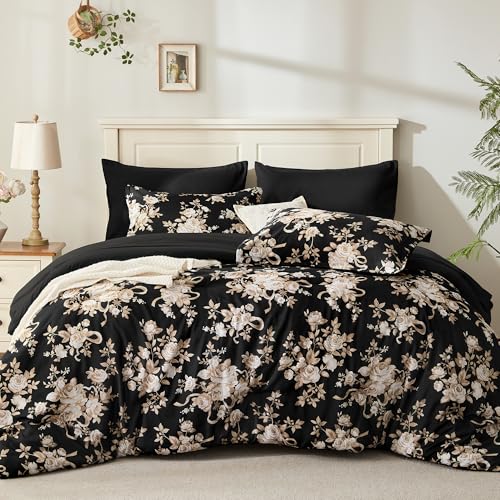 Image of Andency Floral Comforter Set Full Size, 7 Pieces Black Flower Lightweight Bedding Set for All Seasons, Soft Vintage Bed in a Bag with Comforter, Sheets, Pillowcases & Shams
