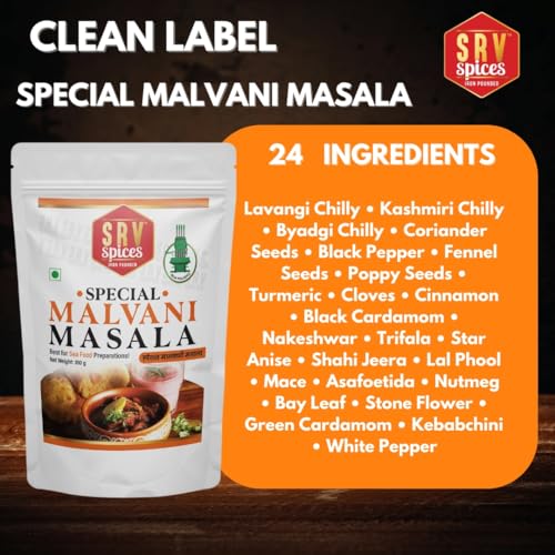 Image of SRV SPICES Special Malvani (Malwani) Masala | Perfect for Seafood | Crafted with 24 Handpicked Ingredients | Rich, Aromatic Flavor from 57 Years of Expertise | Traditional Maharashtrian Masala | 100g Pack