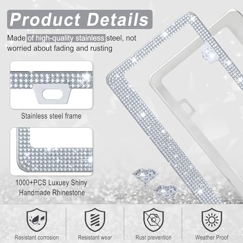 Image of Amiss Bling License Plate Frame for Women, 2Pack Rhinestone Handcrafted Crystal Premium Stainless Steel, Stainless Steel Car Accessories with Diamond Sparkle Glitter Caps (White)