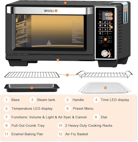 Image of WHALL Air Fryer Oven, Max XL Large 30-Quart Smart Convection Oven,11-in-1 Toaster Oven with Steam Function,12-inch Pizza,6 slices of Toast, 4 Accessories Included, Stainless Steel /1700W, BLACK
