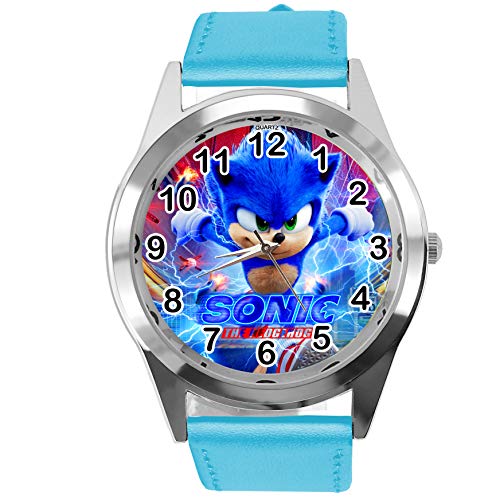 Preisvergleich Produktbild Quarzuhr blau Lederband rund für Sonic The Hedgehog Fans E4