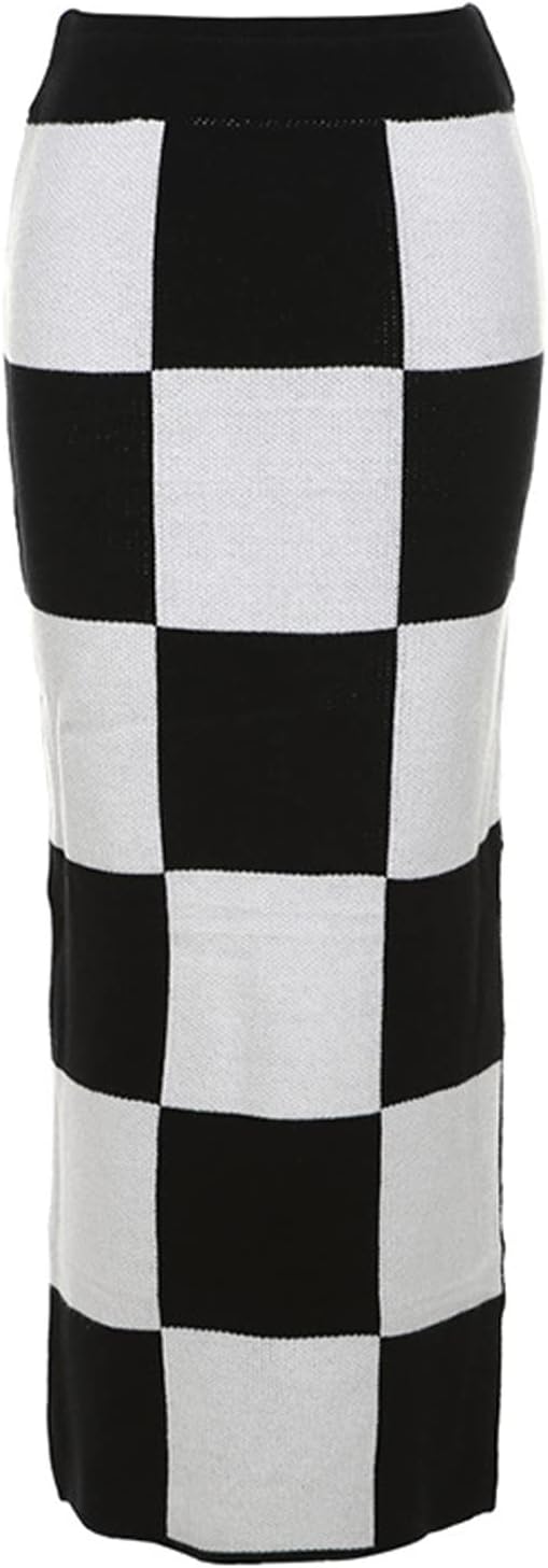 Women High Waist Plaid Elastic Long Skirts Side Split Knit Bodycon Midi Skirt