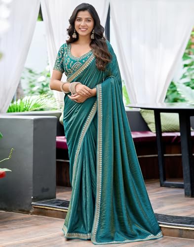 Image of SIRIL Women's Shimmer Silk Sequence Embroidery Lace two Tone Saree With Embroidery Unstitched Blouse Piece