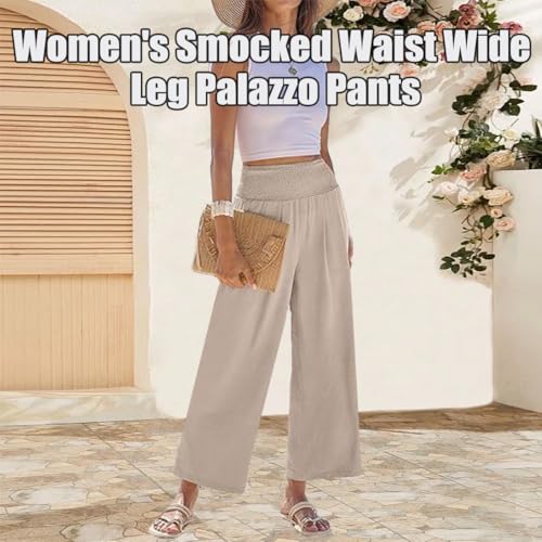 Sufficient Women's Smocked Waist Wide Leg Palazzo Pants, Continentau Summer Lightweight Trousers with Pockets2